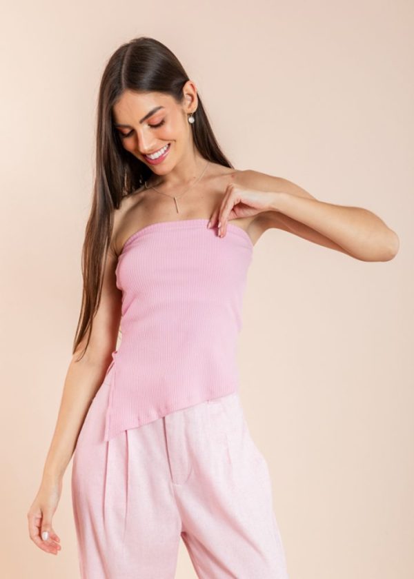 Blusa Canelada Sem Alça Assimétrica Rosa Alice Pkd