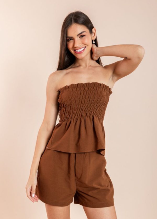Blusa Tomara Que Caia Lastex Algodão Janaína Camel Pkd
