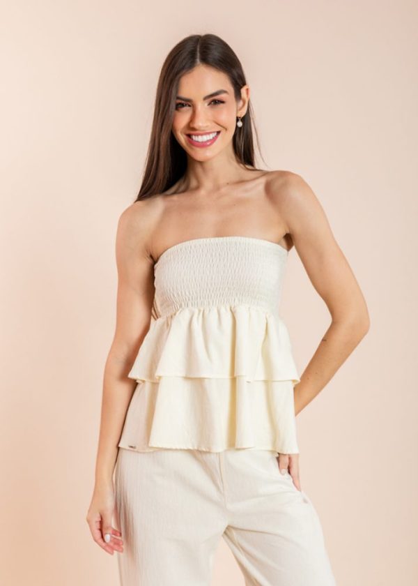 Peça 2 Em 1: Saia/Blusa Com Lastex E Babados Algodão Leona Off White Pkd