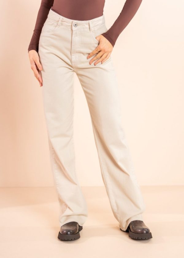 Calça Wide Leg Sarja Bege Bianca Pkd