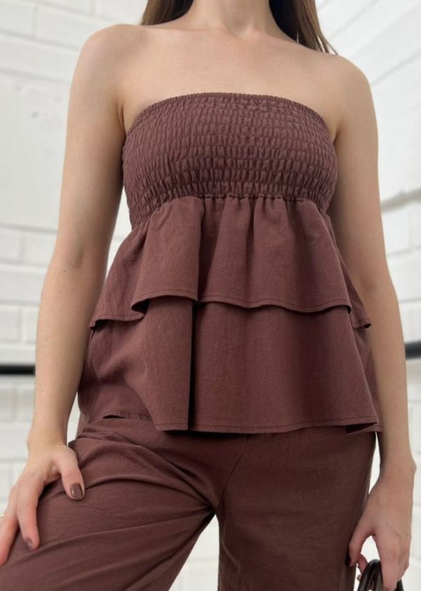 Peça 2 Em 1: Saia/Blusa Com Lastex E Babados Algodão Leona Café Pkd
