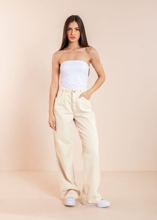 Calça Wide Leg Sarja Bege Bianca Pkd