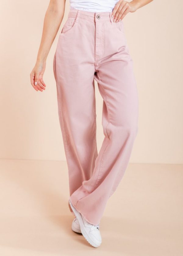 Calça Wide Leg Sarja Rosa Claro Bianca Pkd