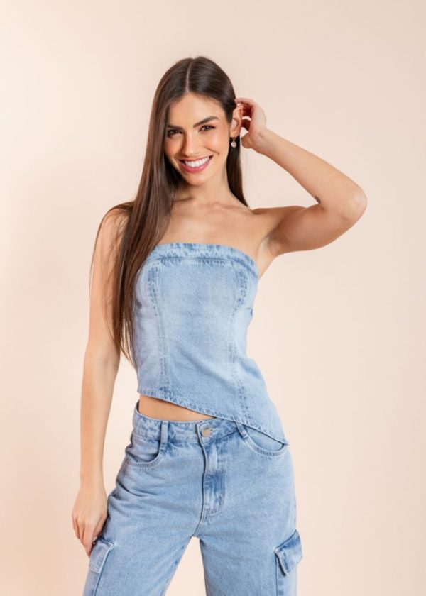 Blusa Sem Alça Assimétrica Jeans Jenna Pkd