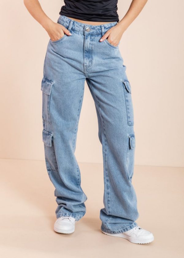 Calça Wide Leg Jeans Cargo Lauren Pkd