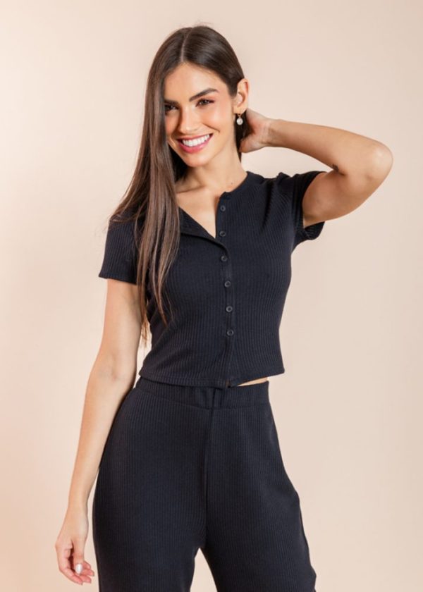Blusa Cropped Texturizada Botões Preta Vanessa Pkd