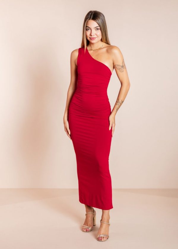 Vestido Midi Poliamida Um Ombro Só Drapeado Vermelho Safira Pkd