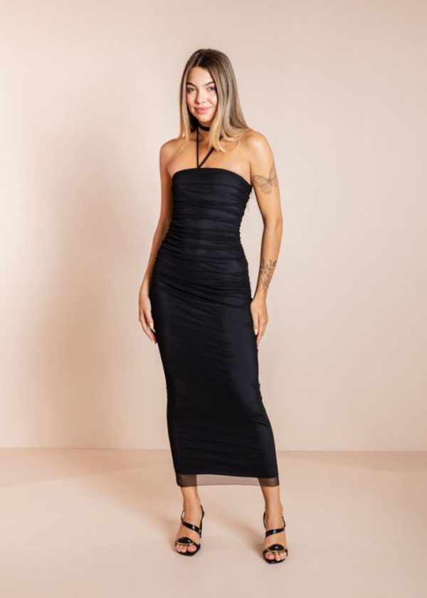 Vestido Tule Drapeado Com Alça Removível Pandora Preto Pkd