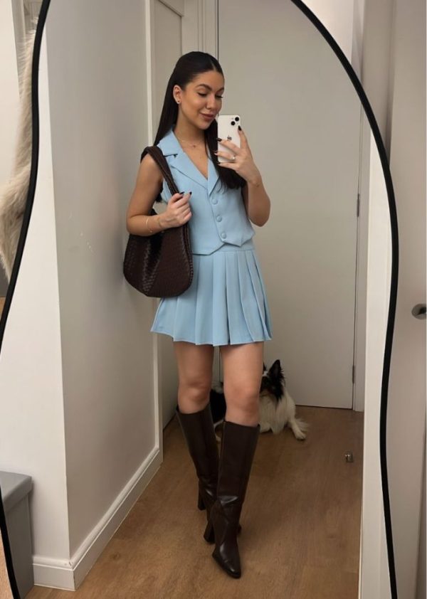 Short Saia De Pregas Alfaiataria Azul Claro Mi Garcia Pkd