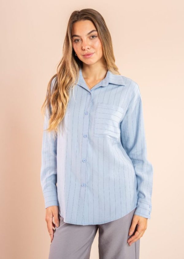 Camisa Oversized Risca de Giz Azul Claro Cami Pkd