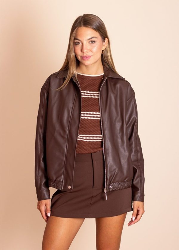 Jaqueta Couro Sintético Alongada Café Roxy Pkd