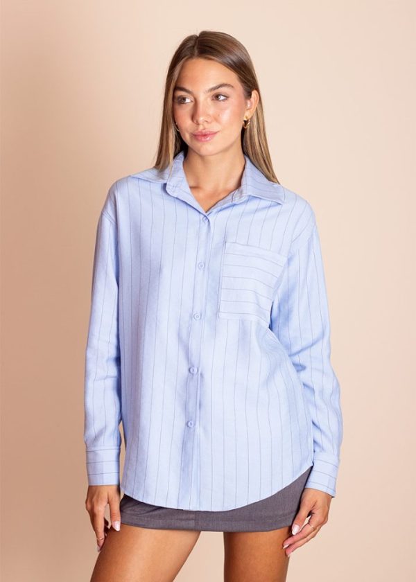 Camisa Oversized Risca de Giz Azul Claro Cami Pkd