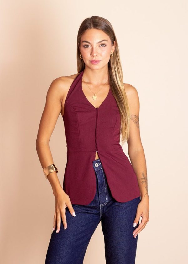 Blusa Alfaiataria Frente Única Alongada Vinho Taty Pkd