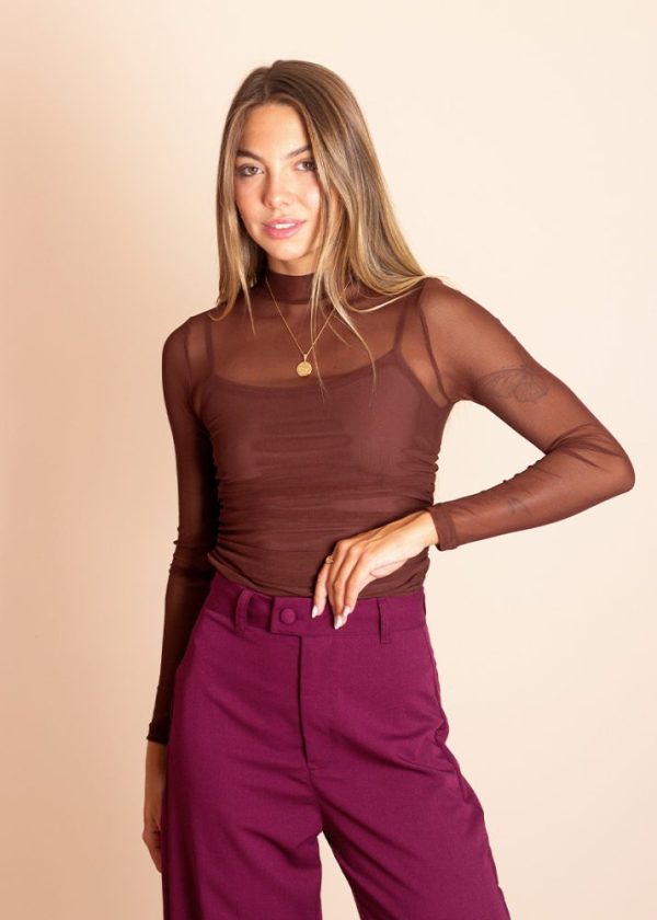 Blusa Tule Drapeada Manga Longa Marrom Florence Pkd