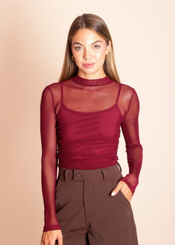 Blusa Tule Drapeada Manga Longa Bordô Florence Pkd