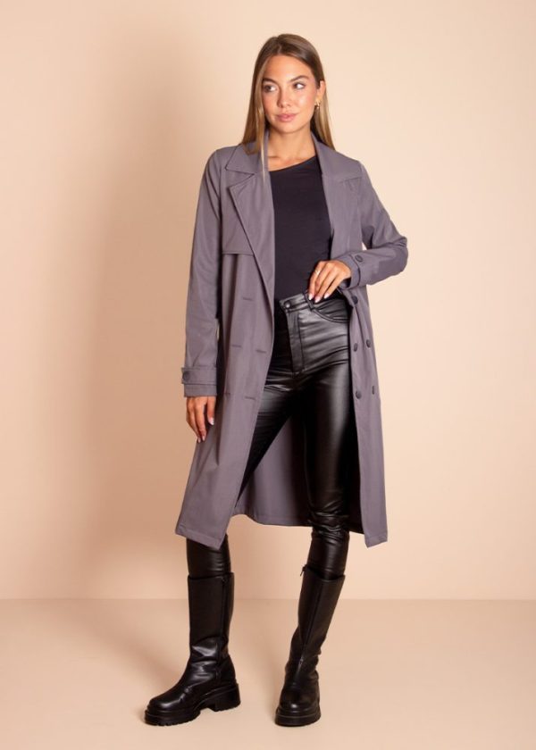Trench Coat Alongado com Faixa Malu Grafite Pkd