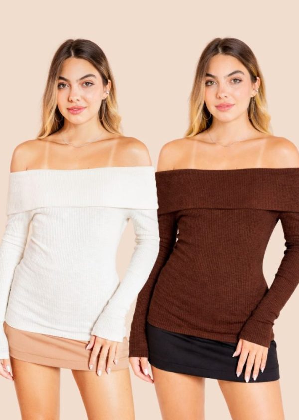 Kit 2 Blusas Caneladas Ombro a Ombro Alana Off White + Café