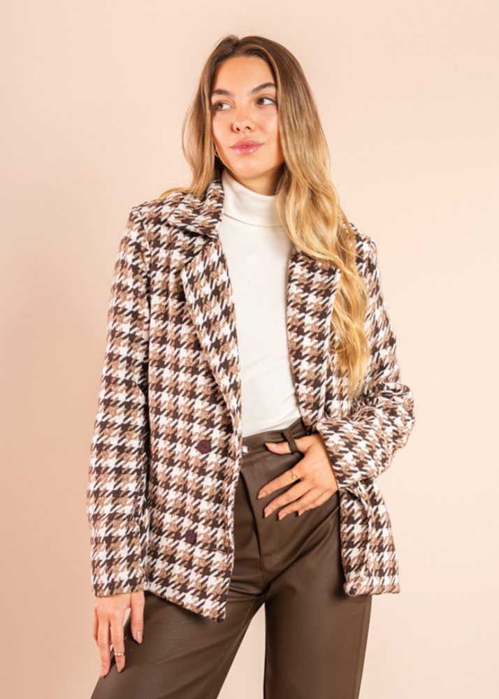casaco feminino lã batida pied poule marrom