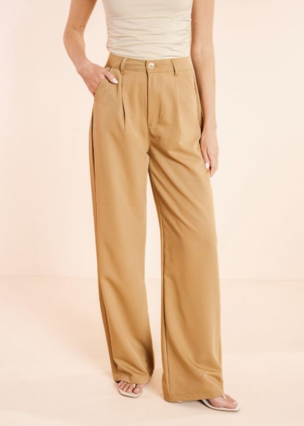 Calça Pantalona Alfaiataria com Pregas Bege Alessia Pkd