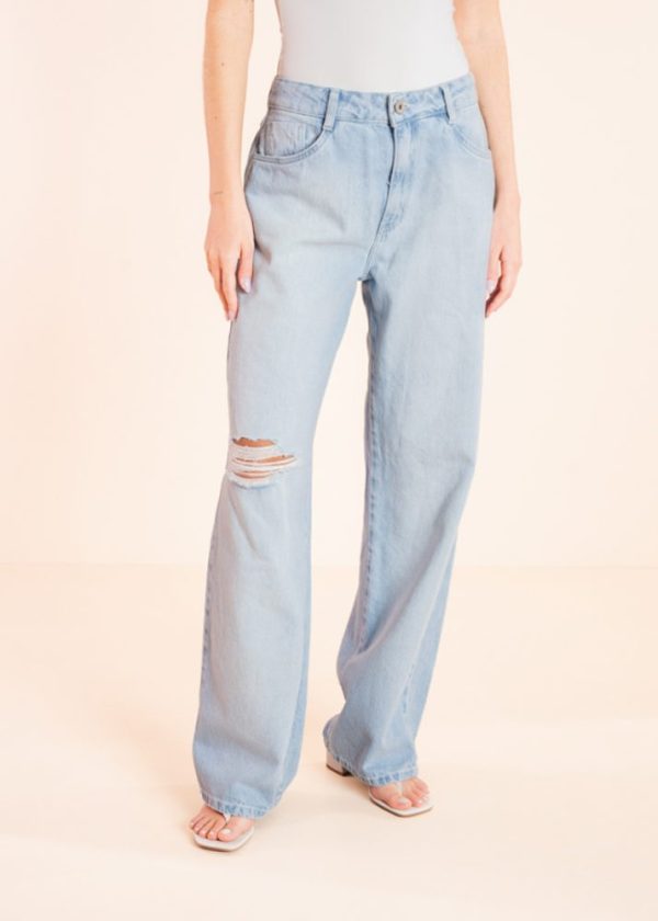 Wide Leg Jeans Claro Cintura Média Joelho Rasgado Ayla Pkd