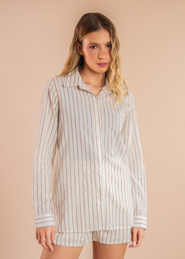 Camisa Listrada Tricoline Amália Bege Pkd