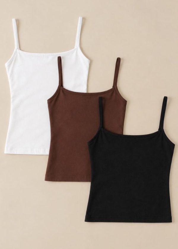 Kit 3 Blusas Poliamida de Alça Basic Mari Branca + Preta + Marrom