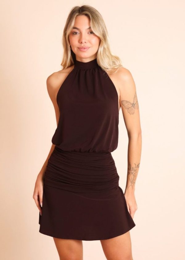Vestido Frente Única com Saia Franzida Café Alany Pkd