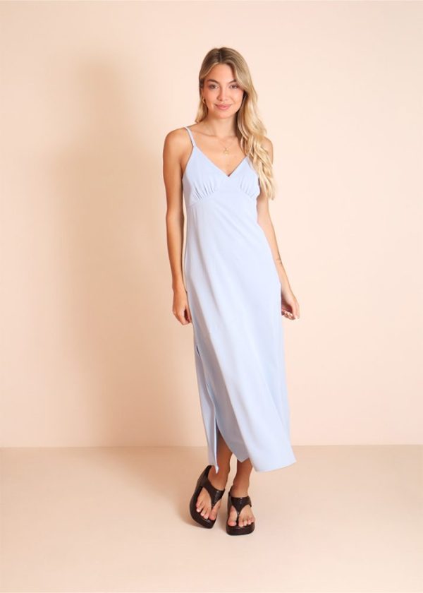 PRÉ-VENDA / Vestido Midi De Alça Com Fenda Lateral Azul Claro Fiorella Pkd